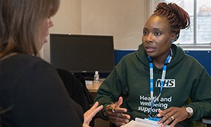 Grenfell witness Lucy Wood during her PTSD screening session with outreach team member Sandra Ifidon Osagiede