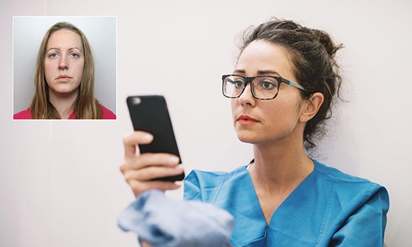 Pensive nurse using her phone. Inset, mugshot of serial killer nurse, Lucy Letby, whose crimes are cited as reasons why nurses seek mental health helpline’s support
