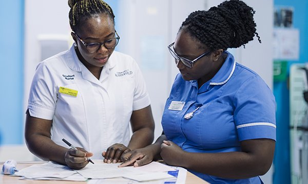 A nursing student stands with a ward nurse as they consult notes together