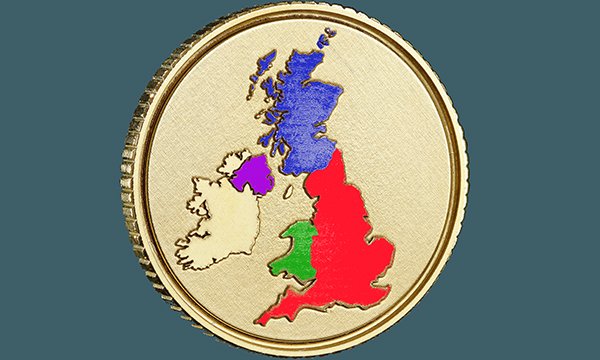 A pound coin showing a map of all four nations of the UK highlighted in different colours, alongside the Republic of Ireland