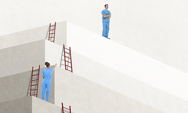 Illustration of sex-based inequality in NHS nurse career progression shows a male nurse standing on top of a structure with his arms folded while a female nurse lags behind, with ladders still to climb