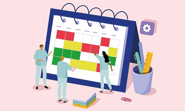 Illustration of self-rostering in nursing shows three staff working together with a calendar to plan their rota