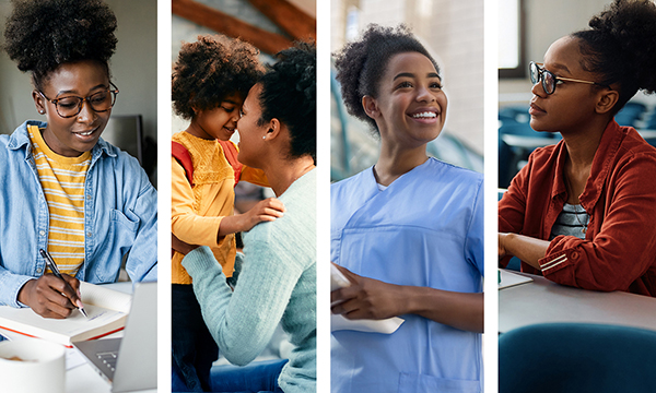 Flexible nursing degree: montage of woman in four contexts – home learning, parenting, on clinical placement and attending university lecture