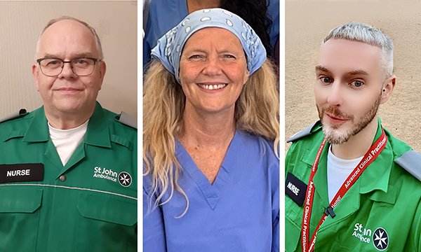Nurse volunteers: (left to right) NHS nurse Peter Howie, advanced nurse practitioner and primary care nurse  Sarah Allen, and senior hospital matron Peter Hollely