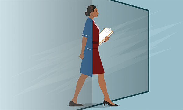Illustration of a woman stepping forward and transitioning from wearing a blue nursing uniform to managerial attire