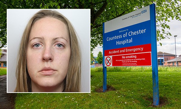 Inset headshot of former neonatal nurse Lucy Letby next to the entrance sign of the Countess of Chester Hospital