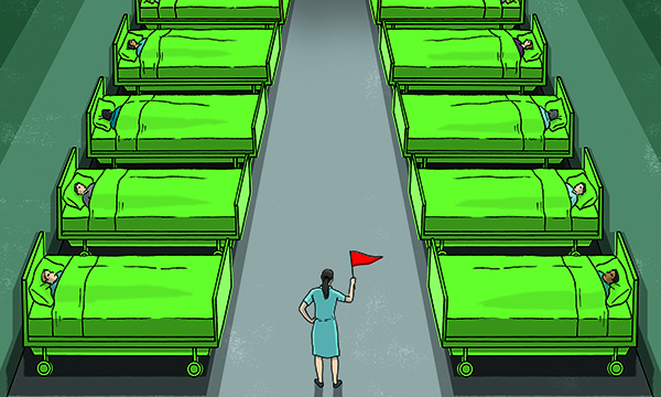 An illustration of a nurse standing on a ward with a red flag
