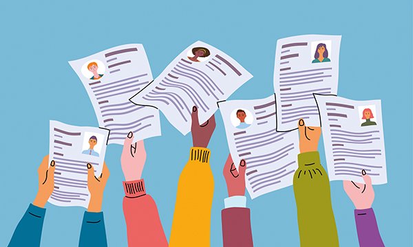 Illustration shows outstretched arms holding up individuals’ CVs, to show the importance to making your CV compelling