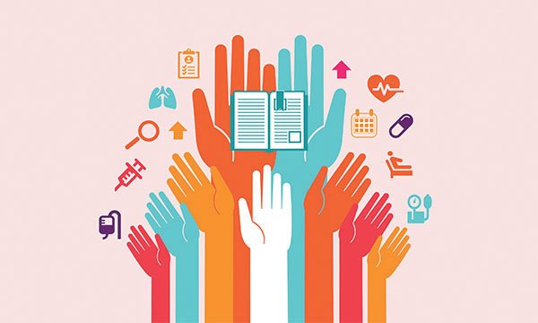 Image shows an illustration of hands reaching up towards an open book: time for nurse research is often a casualty of high workloads and low staffing levels, but it is important to actively promote the value of developing and advancing nursing knowledge