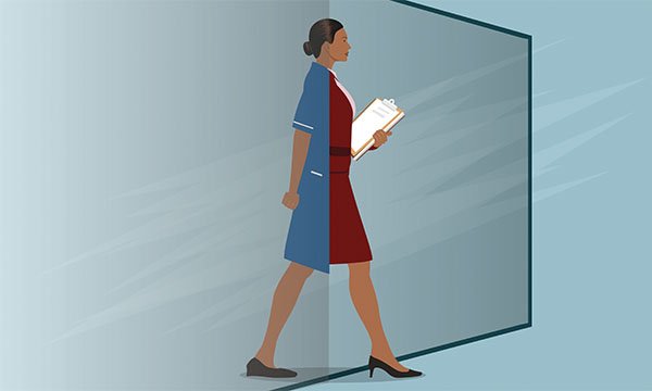 Illustration of a woman stepping forward and transitioning from wearing a blue nursing uniform to managerial attire