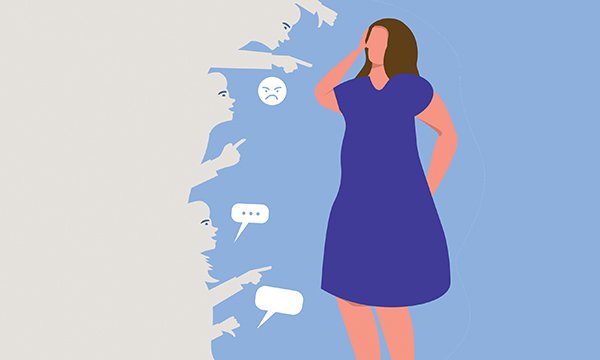 Illustration of a distressed-looking nurse facing unsolicited comments from an array of people pointing at her