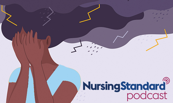 Vector illustration depicting a black nurse holding her hands to her face amid a thunderstorm
