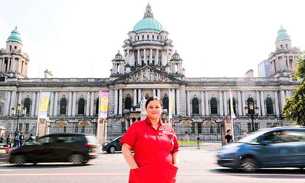 Nicola Bailey in front of Belfast City Hall 