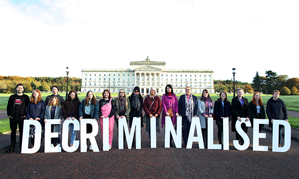 Supporters of women’s right to an abortion in front of Stormont, home of the Northern Ireland Assembly