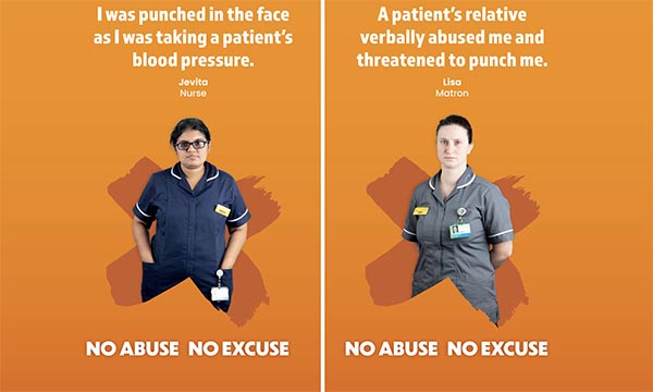 Image from NHS trust's anti-violence campaign, featuring nurse Jevita and matron Lisa