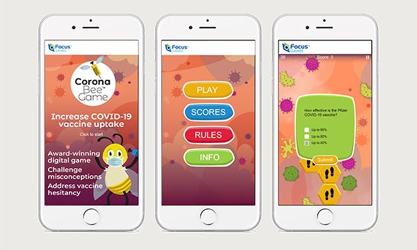 Picture shows three smartphone screens displaying the Corona Bee Game