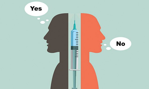 Illustration showing two people back to back, with a syringe between them, and one person saying yes, the other saying no