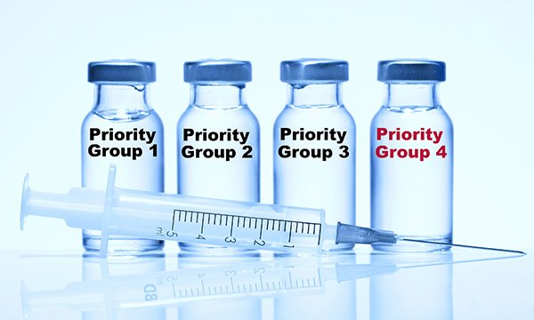 Illustration shows four vials (marked priority group 1 to 4) and a needle for injecting