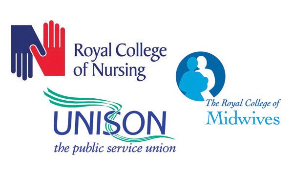 Logos of the RCN, Unison and the Royal College of Midwives 