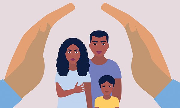 Illustration of a family being protected by large, paternal hands