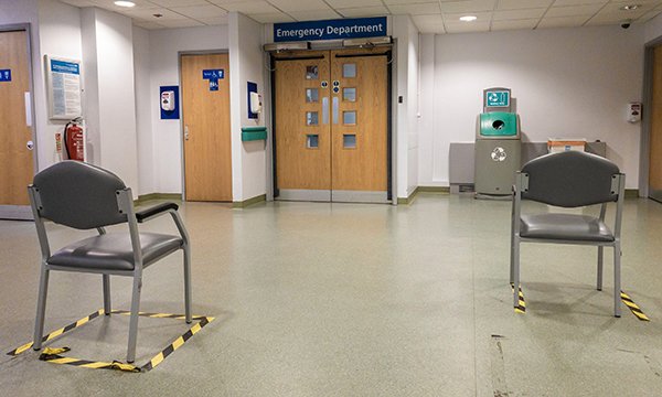A hospital waiting area set up for social distancing