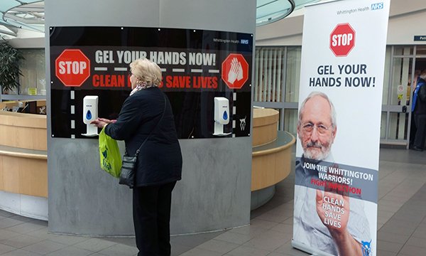 Signs at the Whittington Hospital in London designed to persuade public and staff to take responsibility for hand hygiene