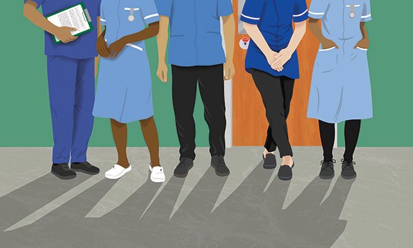 Illustration shoqing aline of healthcare workers with one standing with crossed legs, suggesting the need to use the toilet