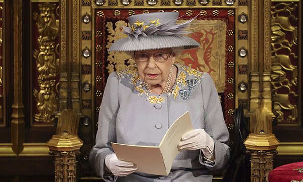 The Queen delivering the speech in the House of Lords during today’s state opening of parliament