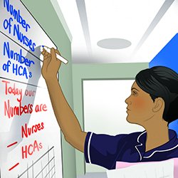 Iluustration showing a nurse at work completing the ward rota