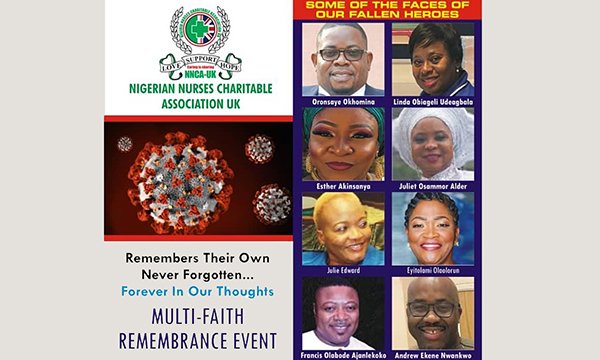 webpage publicising remembrance service for Nigerian nurses in the UK who died with coronavirus