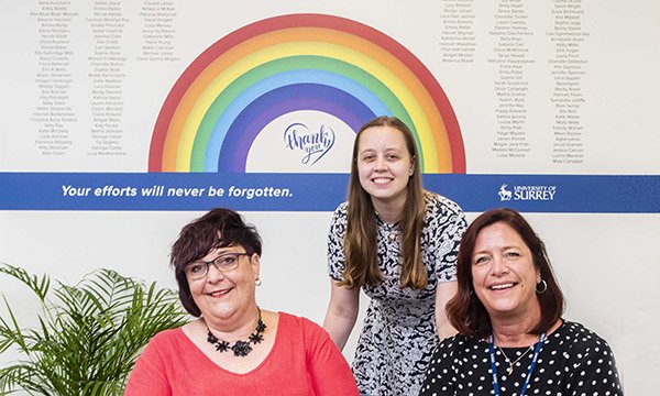 University of Surrey head of the school of health sciences Melanie Coward; nursing graduate Lizzie Rodulson; and head of professional preparation within integrated care Jackie McBride at the rainbow mural unveiling