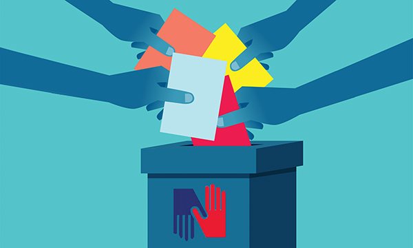 Illustration of an RCN ballot box being filled with voting slips