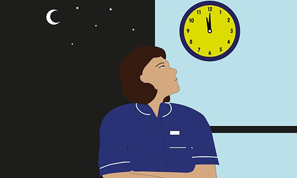 Illustration of a nurse in uniform looking up at a daytime scene with a clock, alongside a night-time scene with a starry sky