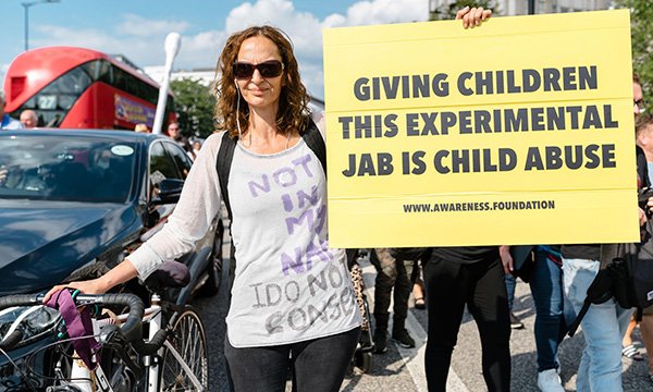 In September 2021 in London, anti-vaccine protesters marched for the World Wide Rally For Freedom against children's vaccinations and vaccine passports