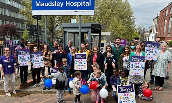 Staff, supporters and children at a protest at Maudsley Hospital with placards saying Save our Nursery