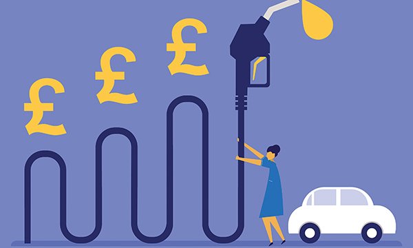 Image shows figure of a nurse next to her car and struggling to hold a giant petrol nozzle shaped like a snake with pound signs above it 