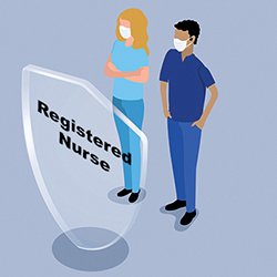 Illustration showing two nurses in scrubs behind a registered nurse emblem