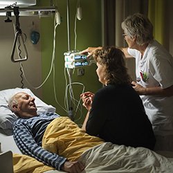 A family member and a nurse at the bedside of patient at the end of life