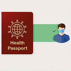 Illustration of a nurse in a face mask, alongside a health passport