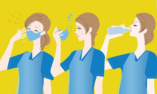 Three images of a nurse: first she is wearing a mask, then takes off the mask due to heat and finally drinks bottled water