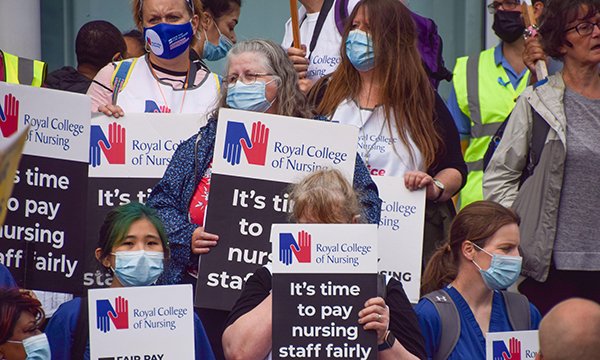 NHS workers and supporters protested outside University College Hospital in July 2021 demanding a fair pay rise for staff