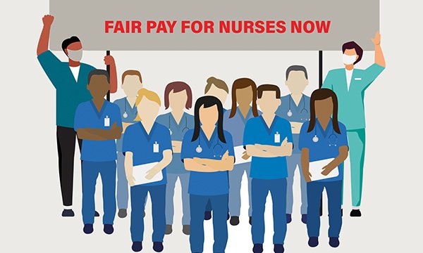 Illustrations showing a group of burses standing holding a banner that redds 'Fair pay for nurses now'
