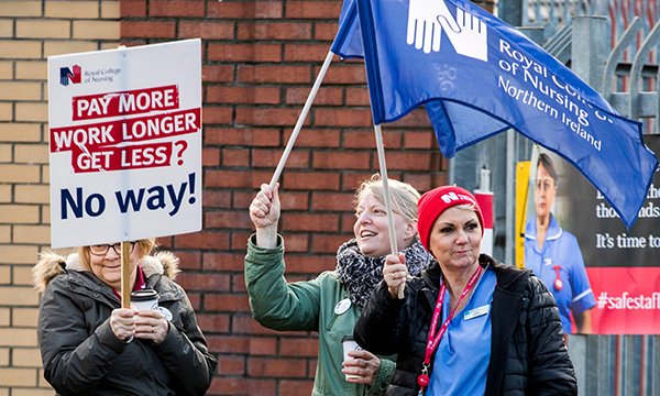 A picket line at Belfast's Royal Victoria Hospital in 2020, when nurses in Northern Ireland staged strikes over pay 