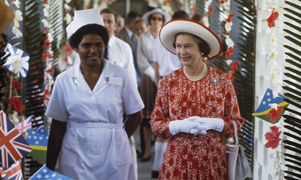 Queen Elizabeth II meets nursing staff at a hospital in Guadalcanal, Solomon Islands, during a tour of the South Pacific in 1982