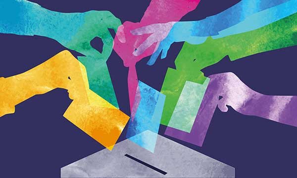 Colourful overlapping silhouettes of hands voting in watercolour texture
