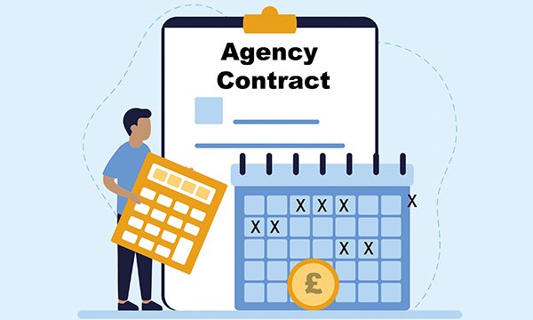 Graphic showing an agency contract, a calendar and a man calculating costs 