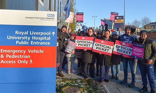 A picket line at Royal Liverpool University Hospital on the first day of strike action last Thursday