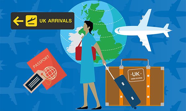 Illustration showing a nurse pulling a suitcase away from an aeroplane and towards UK arrivals terminal