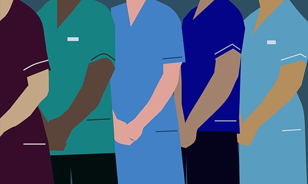 Illustration shows healthcare professionals, faces unseen, standing side by side in diverse uniforms – these differences will be eliminated with profession-specific designs in England’s NHS