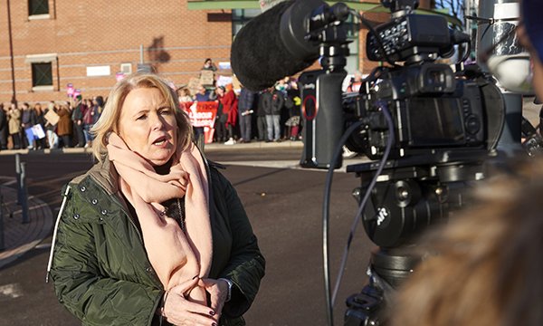 Pat Cullen talking to reporters during a strike at Leeds General Infirmary